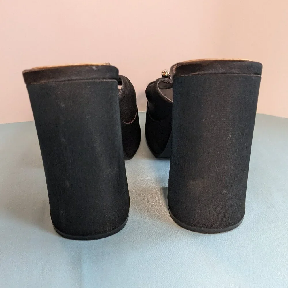 Vintage Chunky Heel Shimmer Black Platform Skechers Rhinestone Buckle Heels - Picture 15 of 16